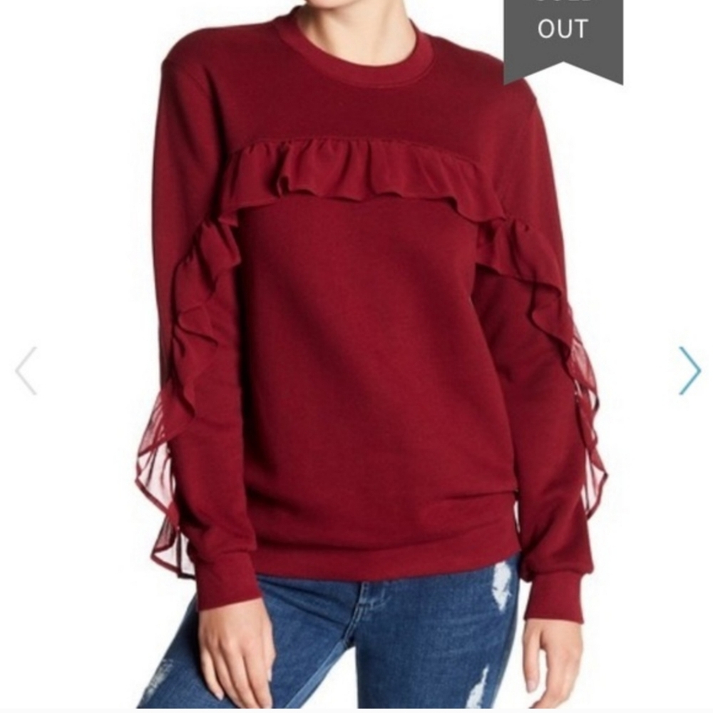 3/$25 14th & Union‎ Ruffle Sweatshirt Top L 100% Cotton Long Sleeve Pullover Red